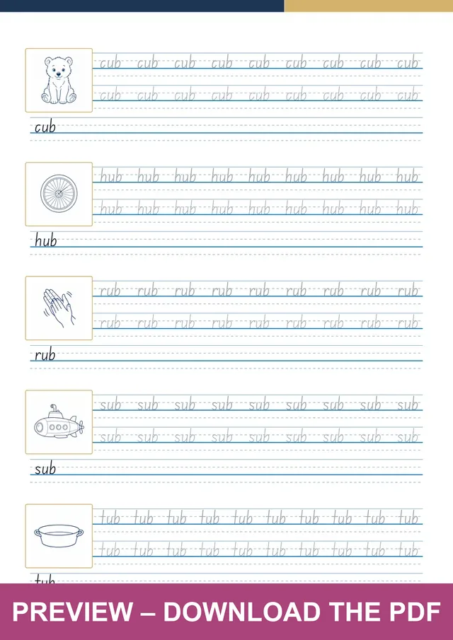 -ub word family first handwriting sheet preview, PDF page 4