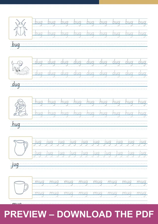 -ug word family first handwriting sheet preview, PDF page 5