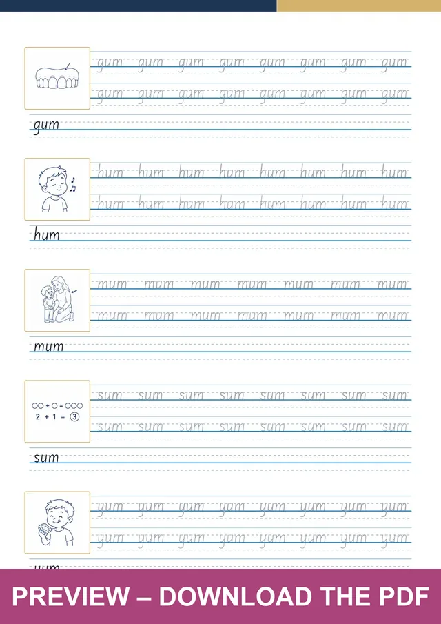 -um word family first handwriting sheet preview, PDF page 4