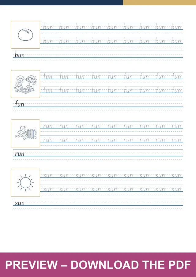 -un word family first handwriting sheet preview, PDF page 4