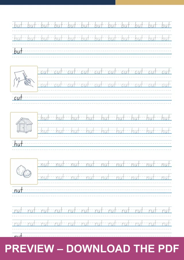 -ut word family first handwriting sheet preview, PDF page 4