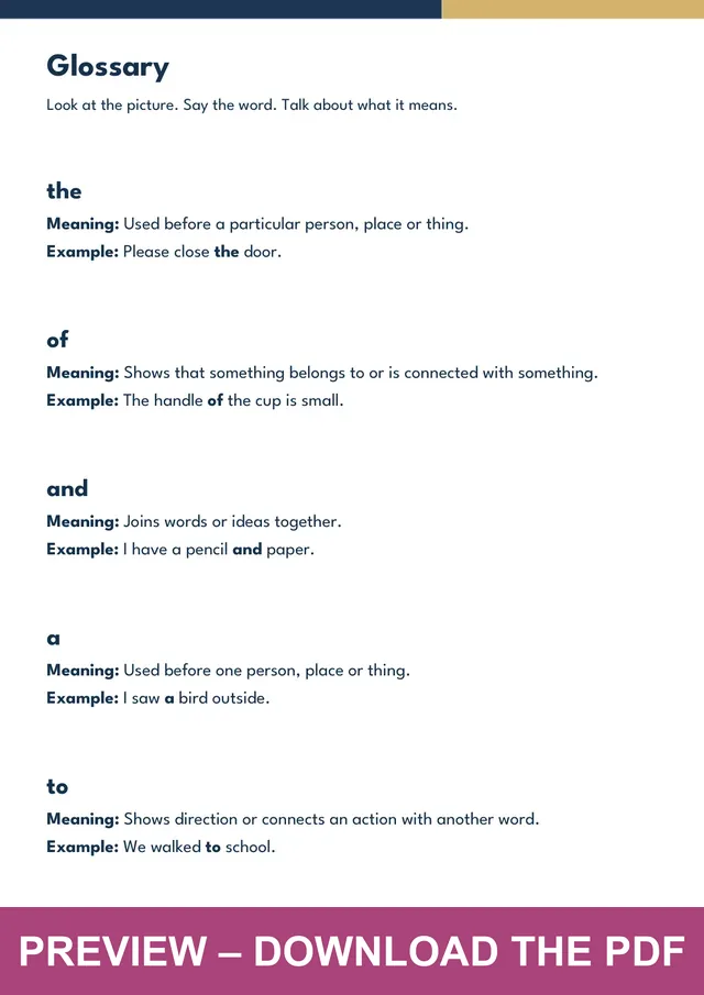 Fry sight words 1-10 picture glossary preview, PDF page 3