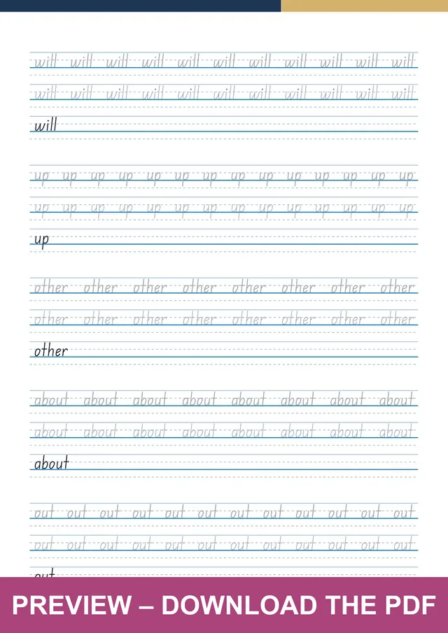 Fry sight words 51-60 first handwriting sheet preview, PDF page 5