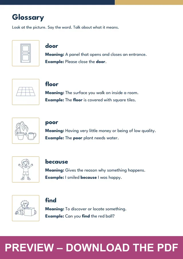 Common exception words Set 4 picture glossary preview, PDF page 3