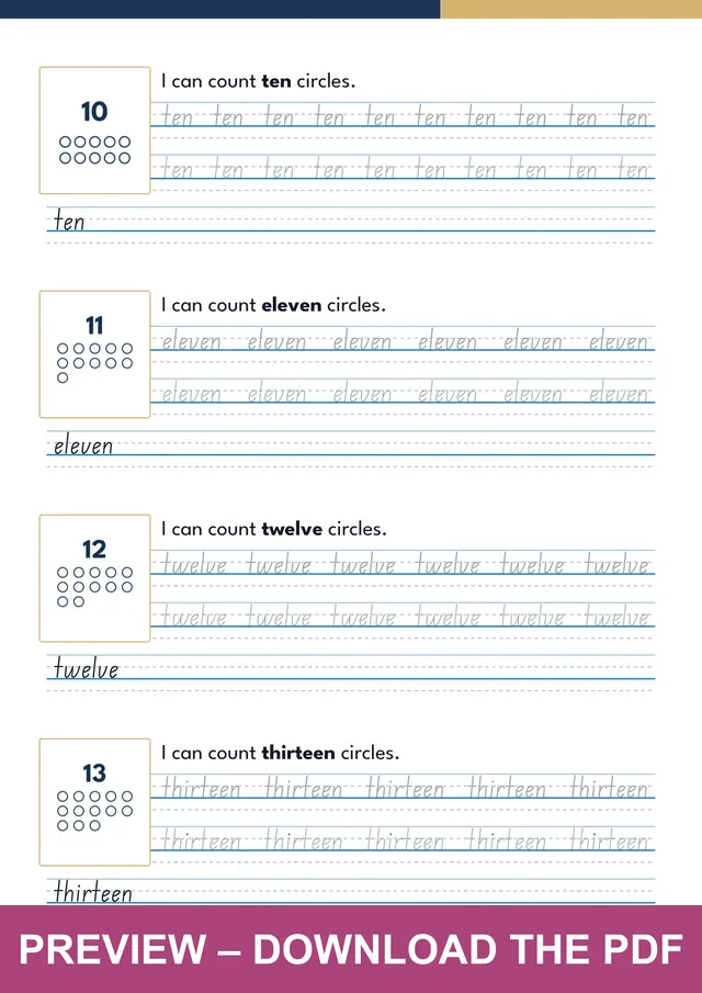 Numbers Ten to Twenty first handwriting sheet preview, PDF page 6