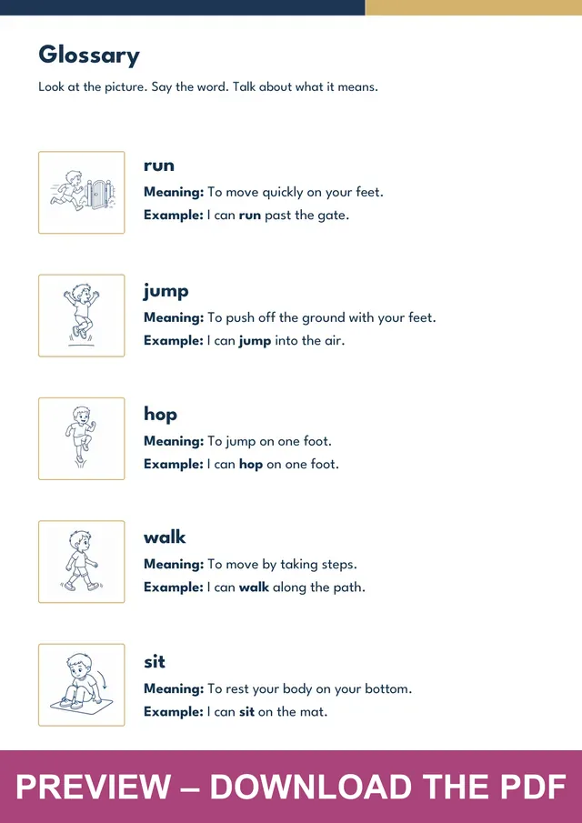Action Verbs picture glossary preview, PDF page 3