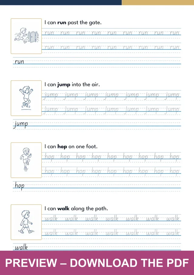 Action Verbs first handwriting sheet preview, PDF page 16