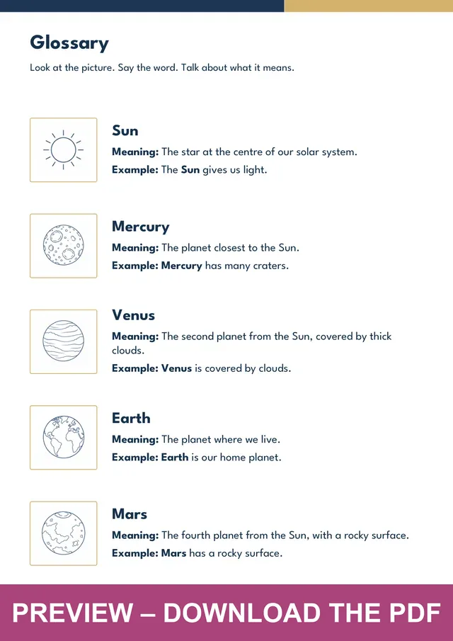 Solar System picture glossary preview, PDF page 3