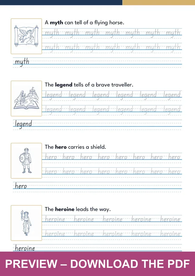 Mythology first handwriting sheet preview, PDF page 10