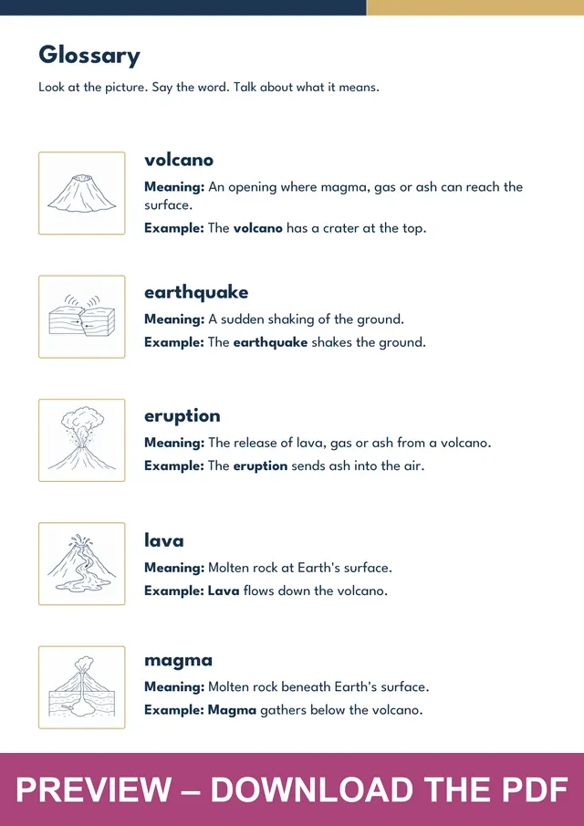 Volcanoes & Earthquakes picture glossary preview, PDF page 3