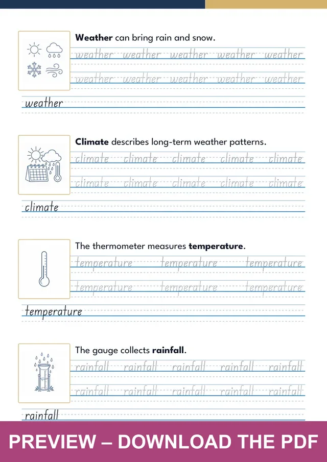 Climate Zones & Biomes first handwriting sheet preview, PDF page 11