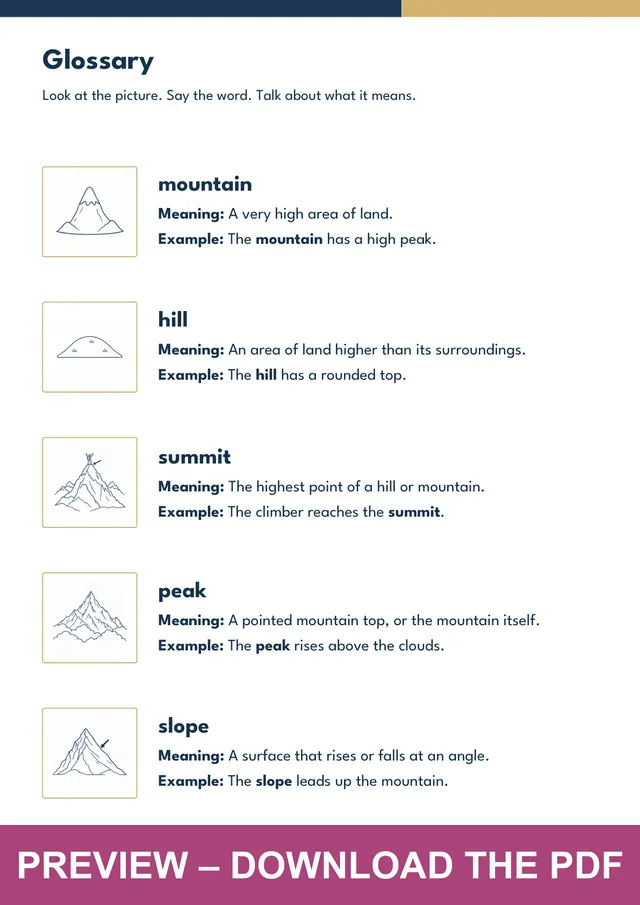 Mountains & Glaciers picture glossary preview, PDF page 3