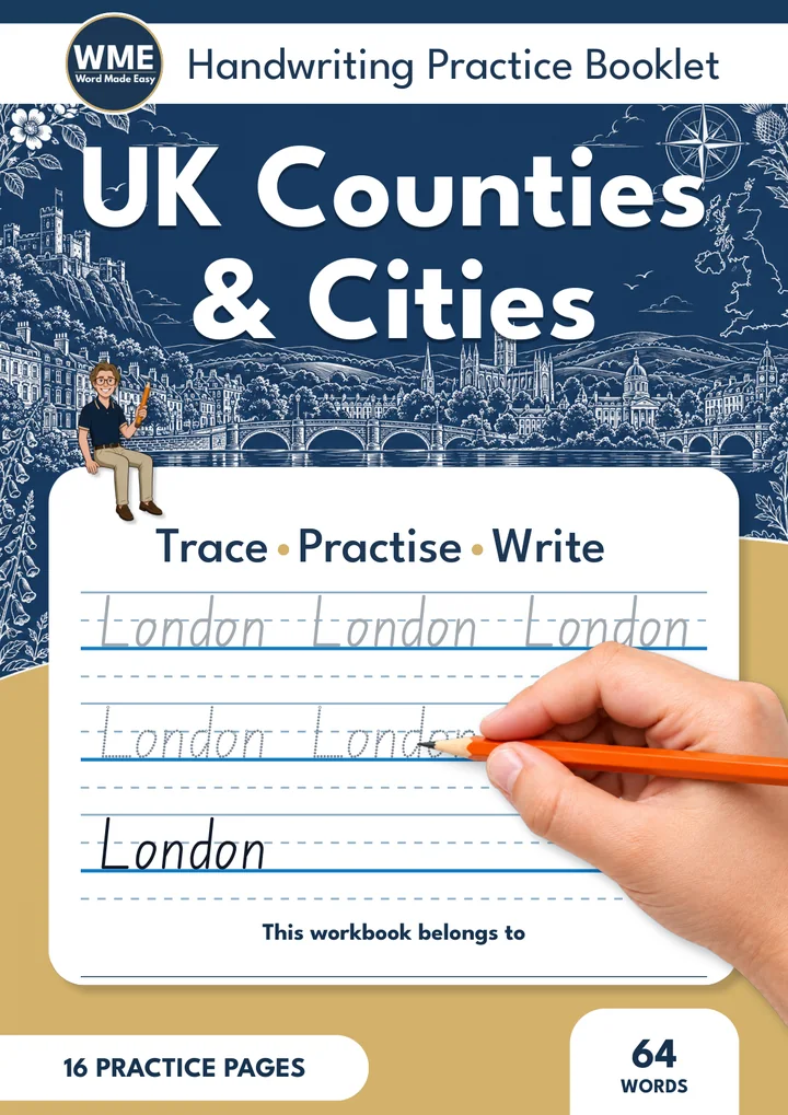 UK Counties & Cities Trace & Write Handwriting Workbook