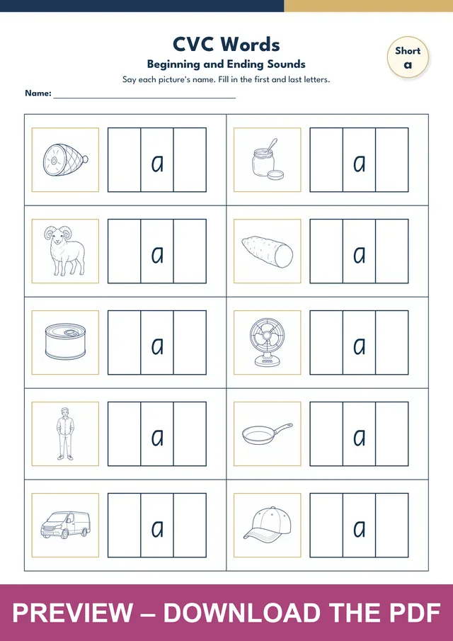 Short a beginning and ending sounds worksheet showing ten pictures with the middle a printed and the first and last letter boxes empty