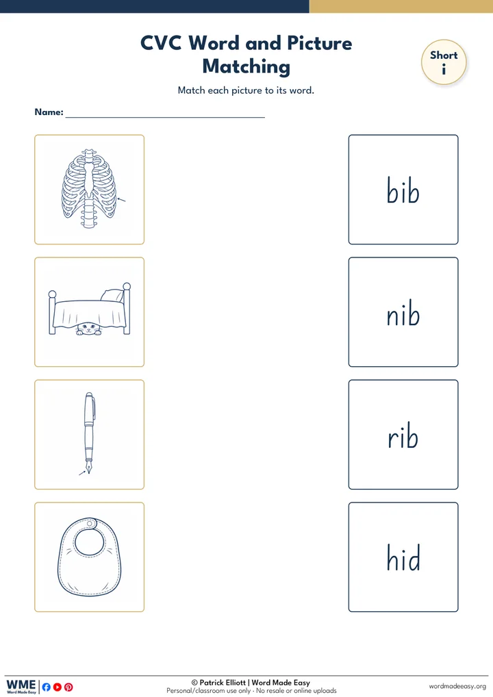 CVC Word and Picture Matching Worksheet 15: Short i