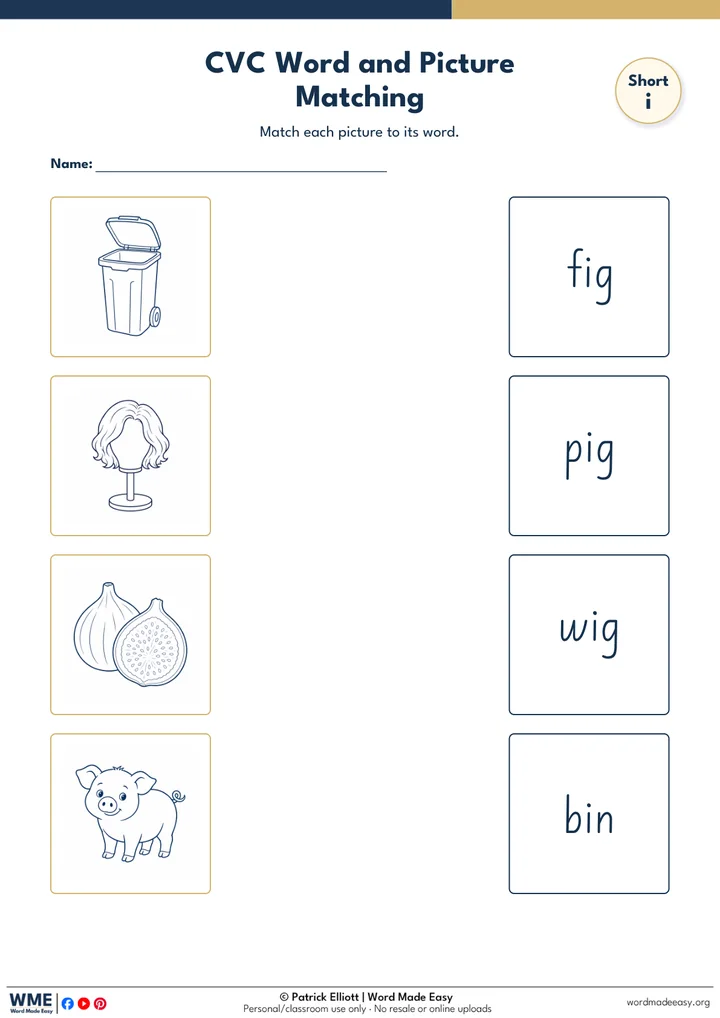 CVC Word and Picture Matching Worksheet 17: Short i