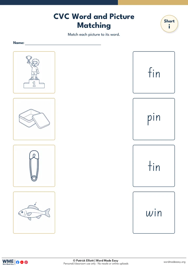 CVC Word and Picture Matching Worksheet 18: Short i
