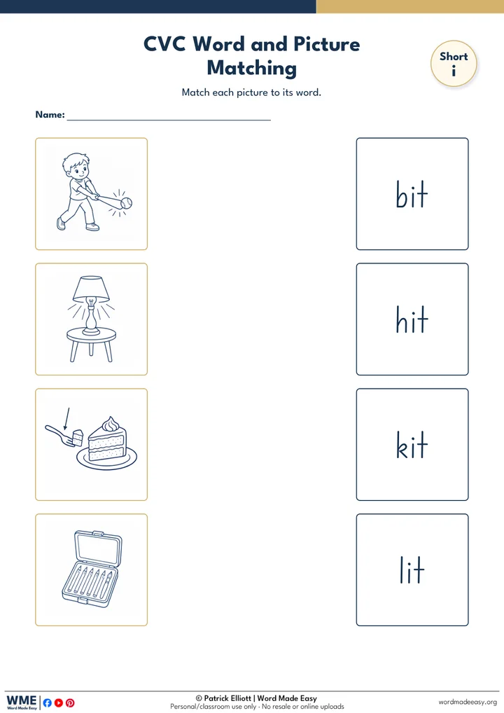CVC Word and Picture Matching Worksheet 21: Short i