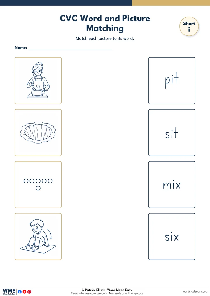 CVC Word and Picture Matching Worksheet 22: Short i