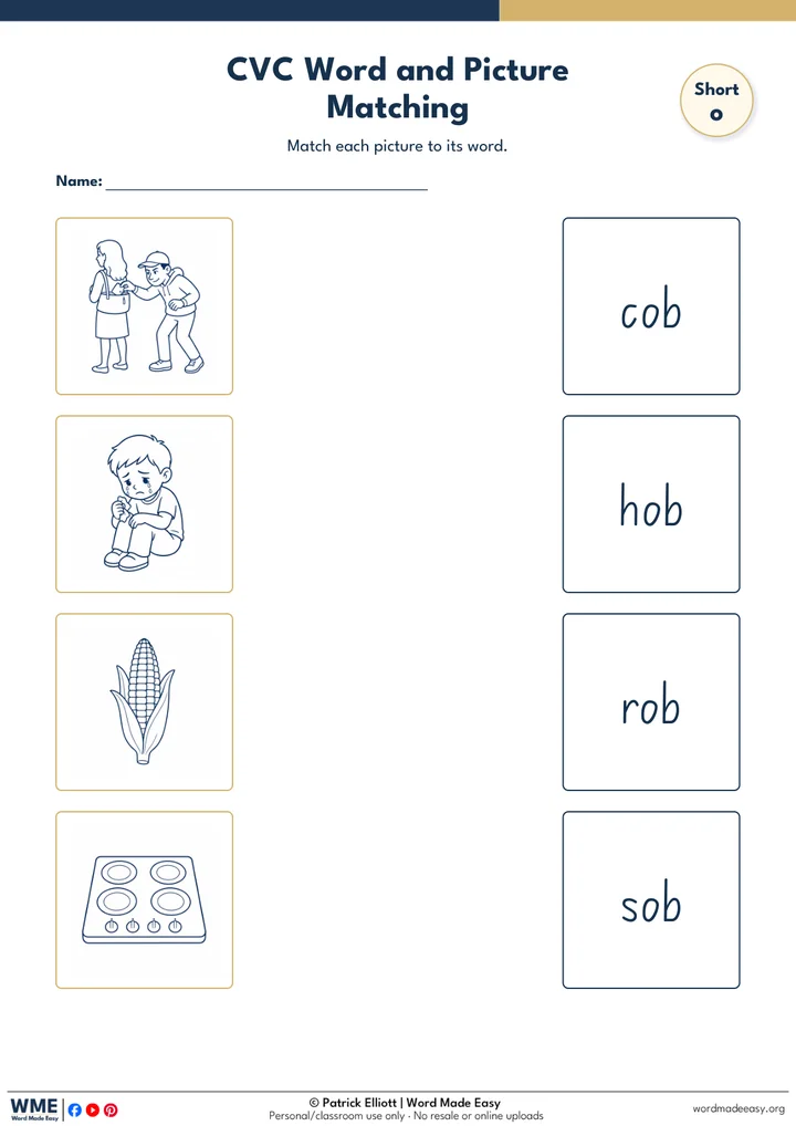 CVC Word and Picture Matching Worksheet 23: Short o