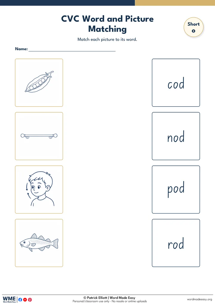 CVC Word and Picture Matching Worksheet 24: Short o