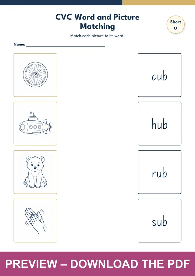 Cvc Word Picture Matching Worksheet 30 using cub, hub, rub and sub