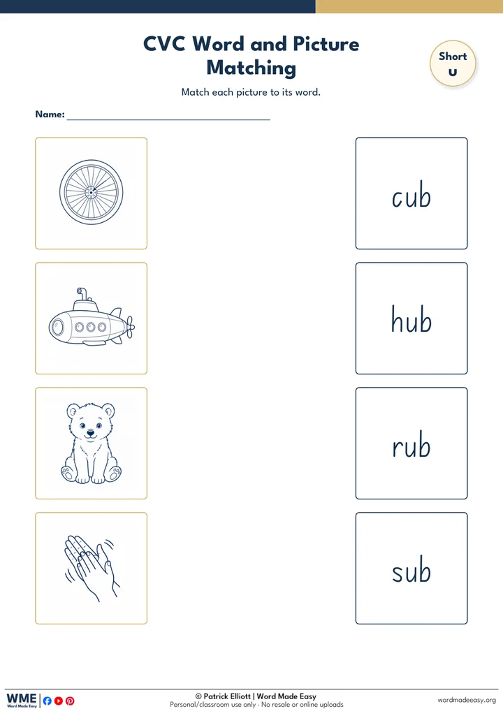CVC Word and Picture Matching Worksheet 30: Short u
