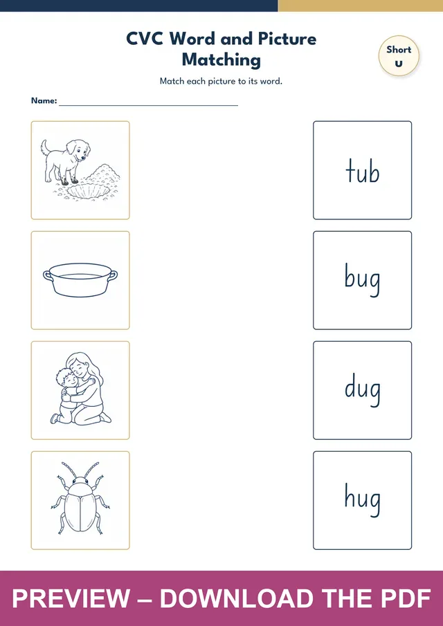 Cvc Word Picture Matching Worksheet 31 using tub, bug, dug and hug