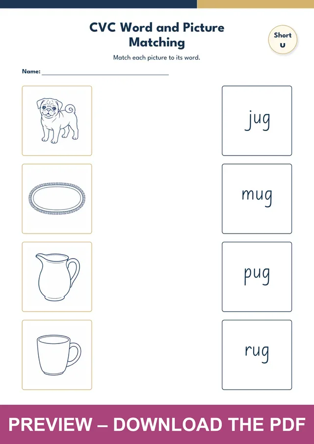 Short u word and picture matching worksheet with jug, mug, pug, rug printed on the right and shuffled pictures on the left