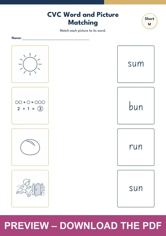 Short u word and picture matching worksheet with sum, bun, run, sun printed on the right and shuffled pictures on the left