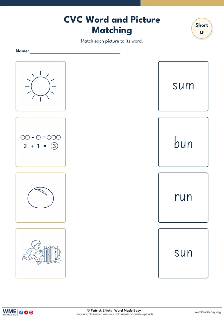CVC Word and Picture Matching Worksheet 34: Short u