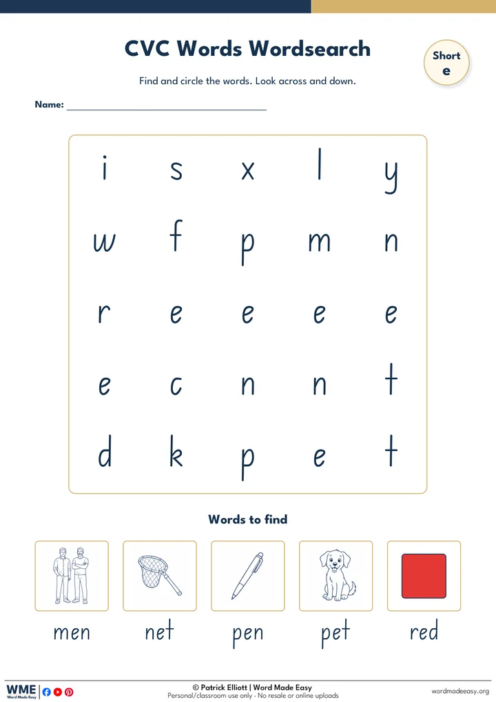 CVC Word Search Worksheet 10: Short e
