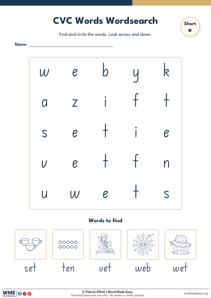 CVC Word Search Worksheet 11: Short e