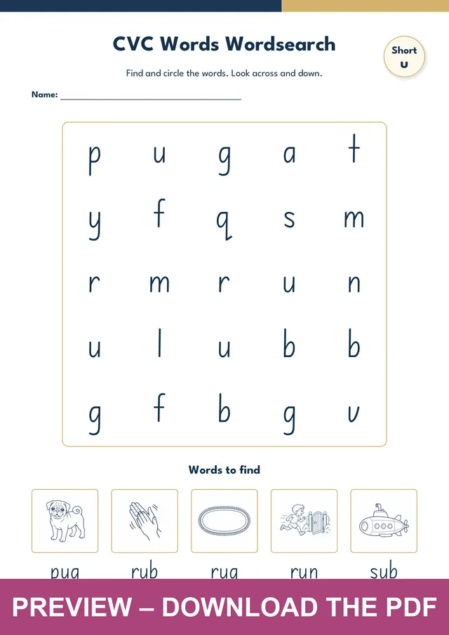 Cvc Word Search Worksheet 27 using pug, rub, rug, run and sub