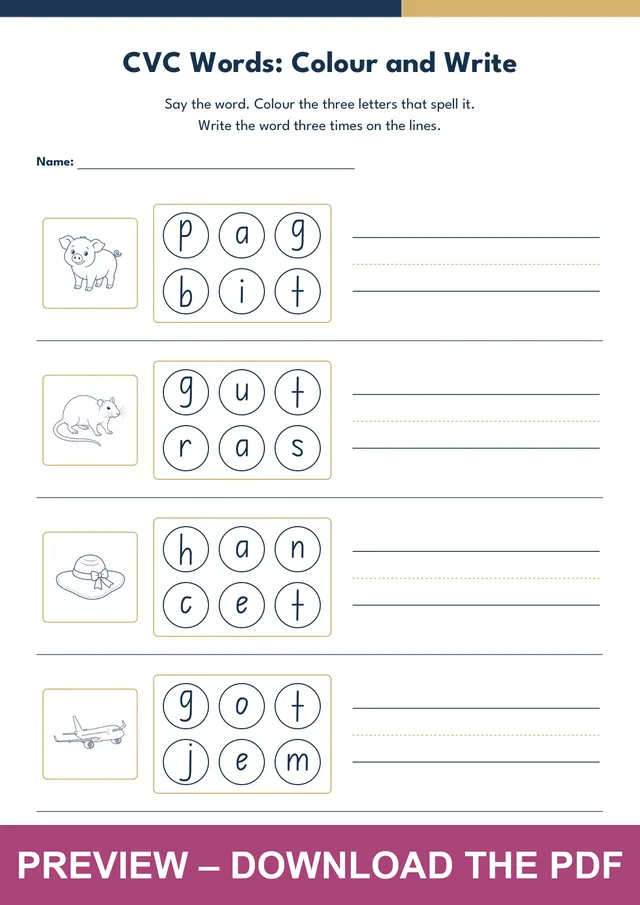 Mixed short-vowel CVC colour and write worksheet with the picture words pig, rat, hat, jet
