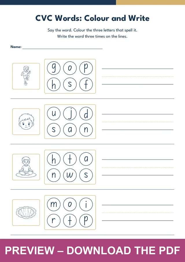Cvc Colour And Write Worksheet 3 using hop, sad, sat and pit