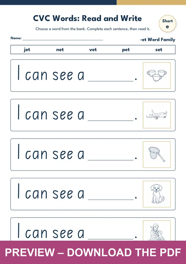 -et word family sentences worksheet using jet, net, vet, pet and set