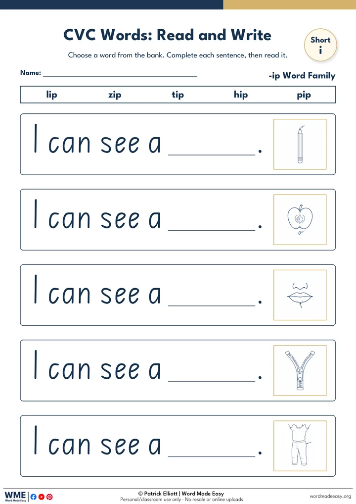 -ip Word Family Sentences Worksheet: Read and Write