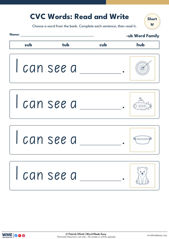 -ub Word Family Sentences Worksheet: Read and Write