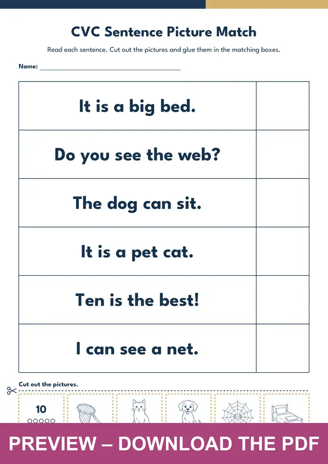 Cvc Sentence Matching Worksheet 1 using pictures for bed, web, dog, cat, ten and net