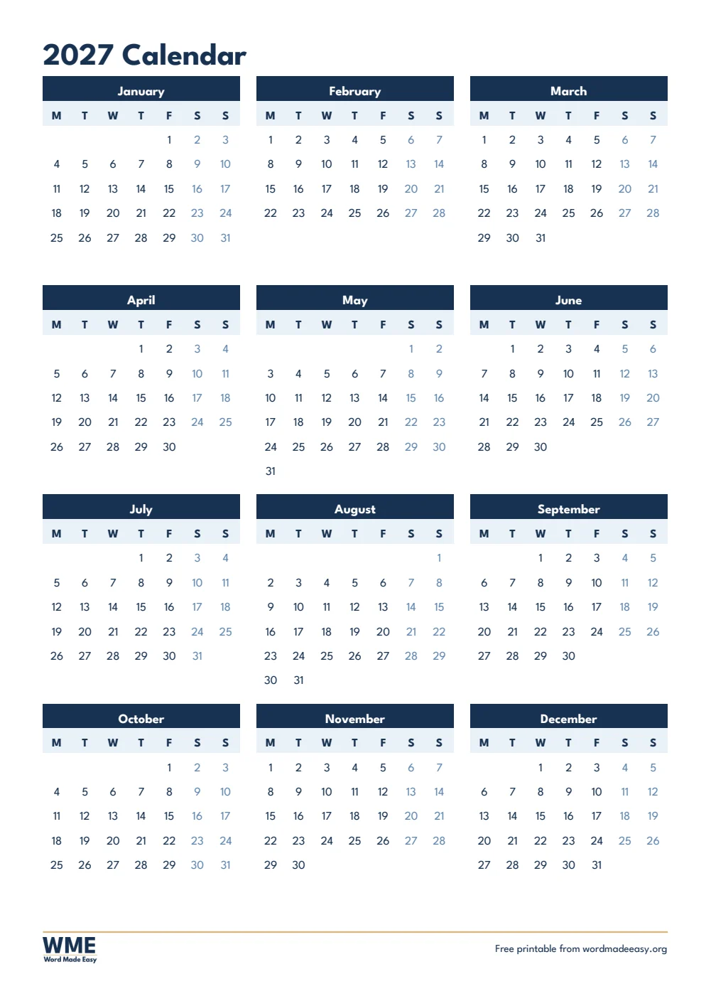 2027 calendar template for Word: all 12 months on one A4 page