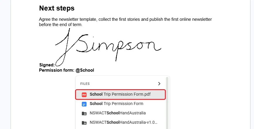Add a PDF to a Google Doc by typing @ and the file name, with the PDF at the top of the Files list