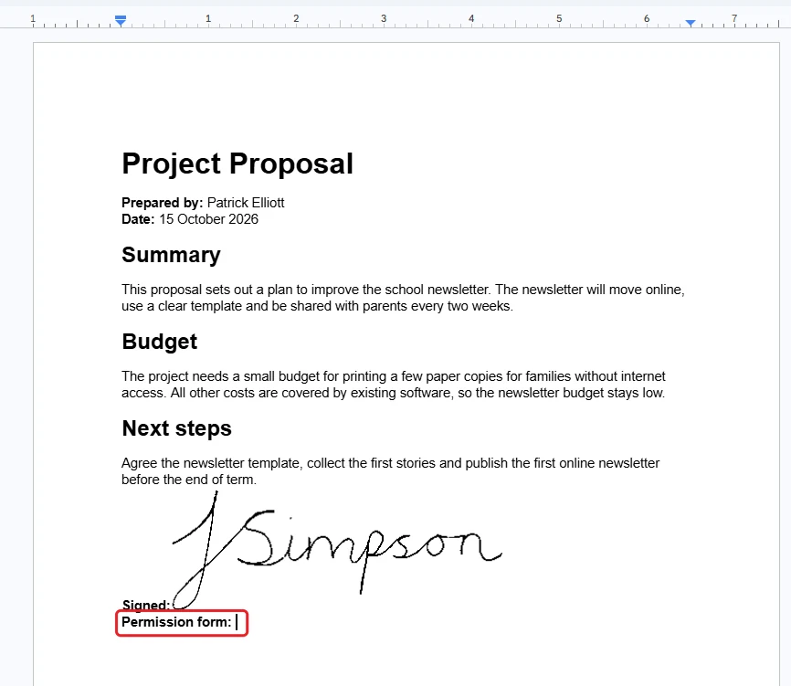 Flashing cursor after Permission form in a Google Doc