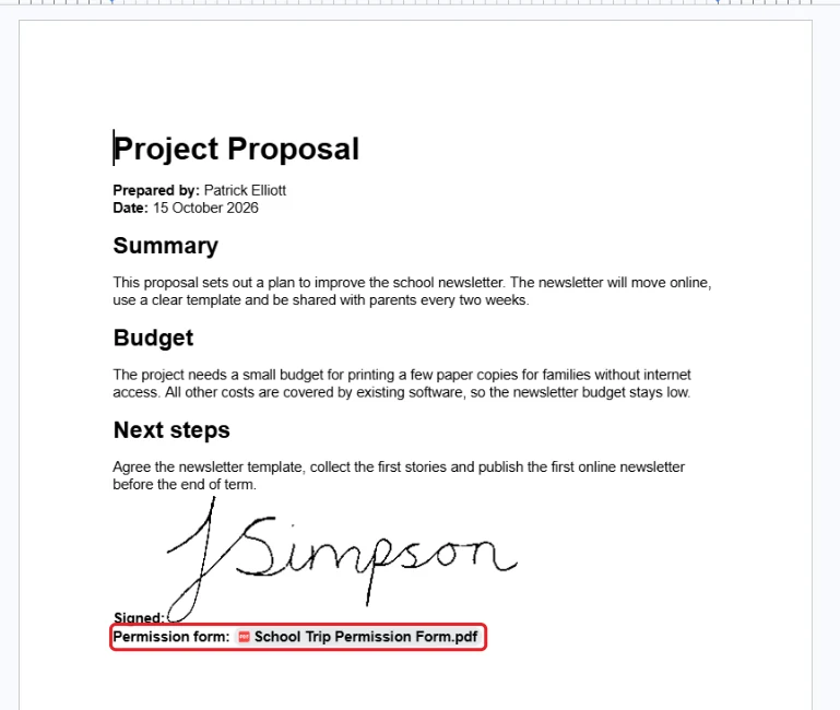 PDF file chip next to Permission form in a Google Doc