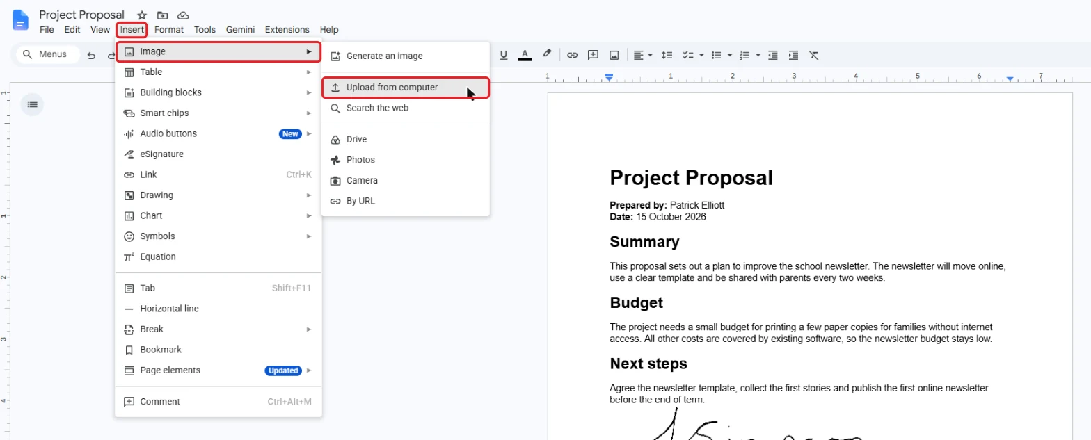 Google Docs Insert menu with Image and Upload from computer highlighted
