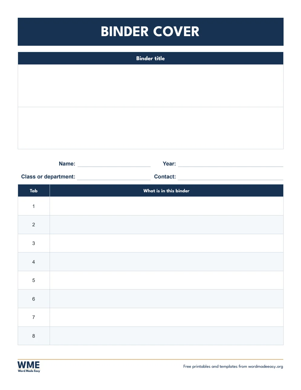 Binder cover template for Word: big title box, name, year, class and a list of what is in each tab on US Letter