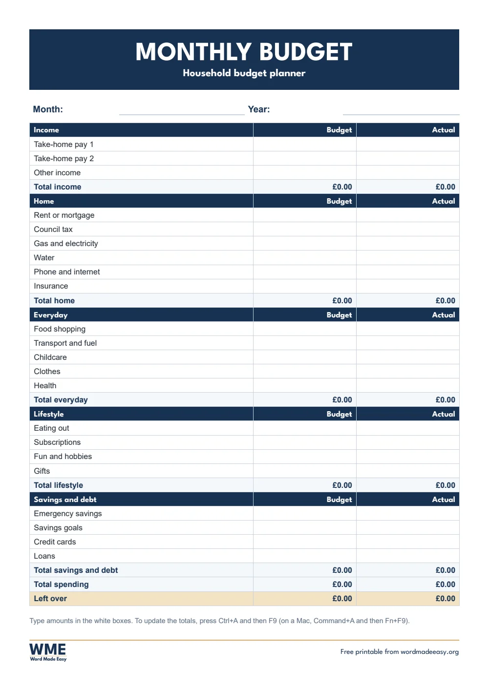 Budget template for Word: monthly household budget with budget and actual columns in pounds on A4