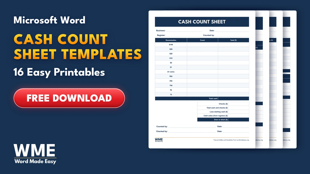 Free Cash Count Sheet Templates for Word: 16 Printables