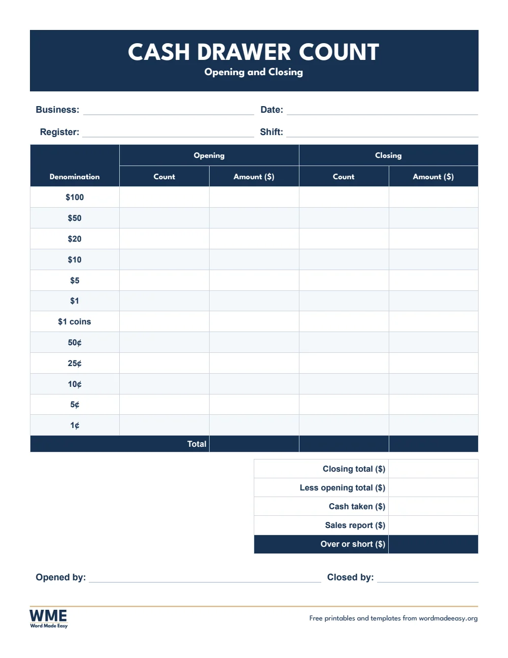 Free Cash Count Sheet Templates for Word: 16 Printables