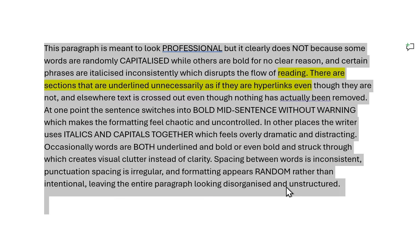 Text after Clear All Formatting in Word with the highlighting and capitals still showing